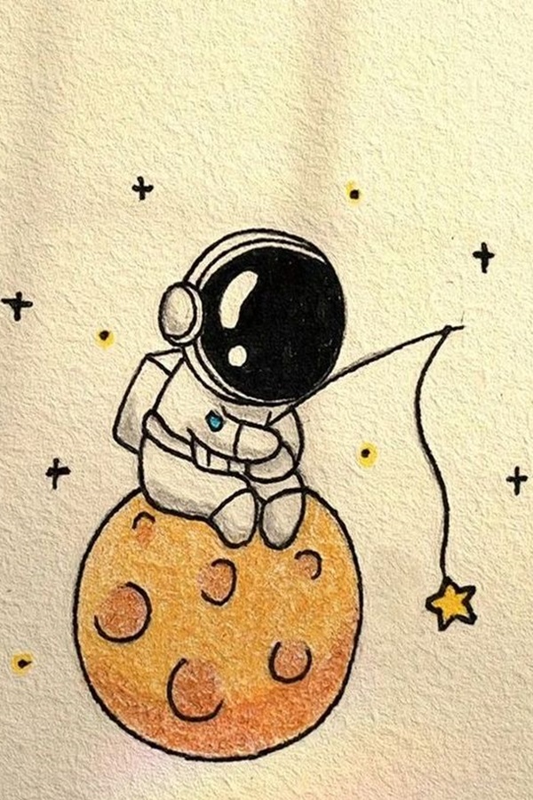 Cute Easy Doodles of Astronaut Fishing on a Moon