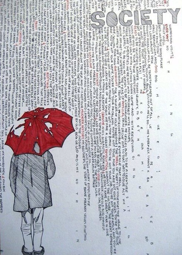 cool aesthetic drawing of man with umbrella in rain of words