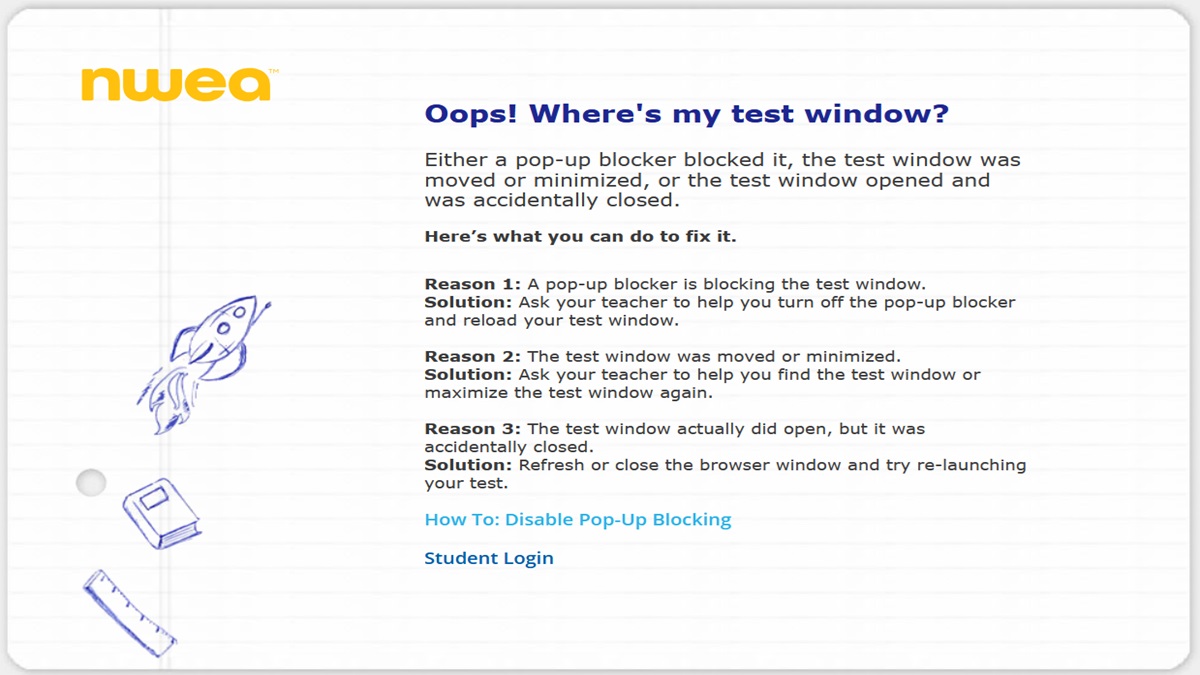 oops where is my test window nwea map test fix pop up error